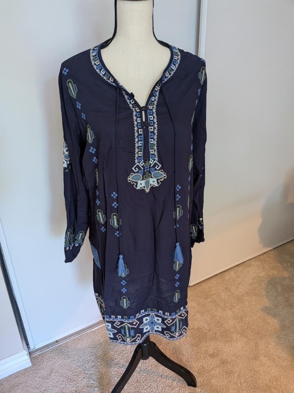 Raj Womens Navy Blue Embroidered Boho Tunic Dress Long Sleeve Tassel Size Large - Picture 2 of 7